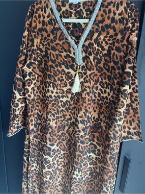 Leopard Print Tassel V-Neck maxi Dress Brown 56 length 25 inch armpit to armpit